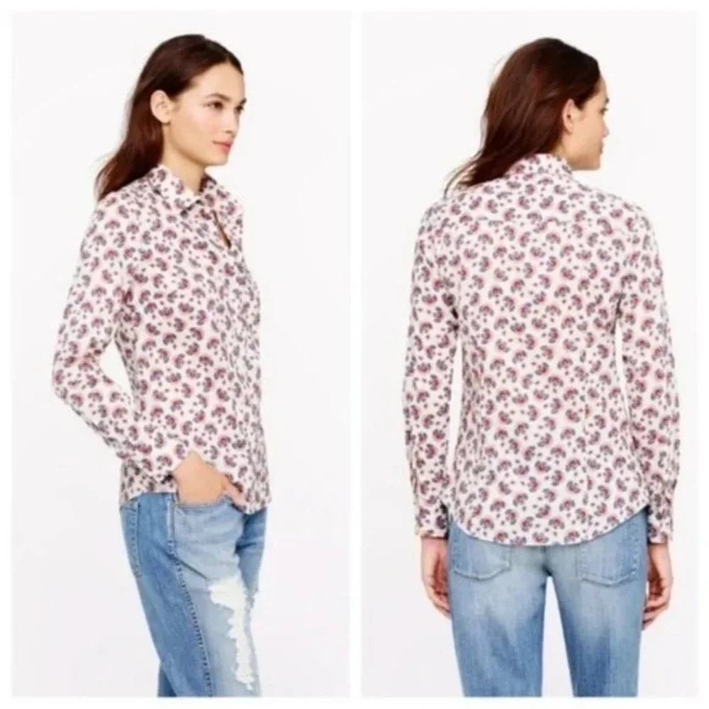 J Crew Cotton White Red Blue Perfect Paisley Long Sleeve Button Front Shirt Sz 4